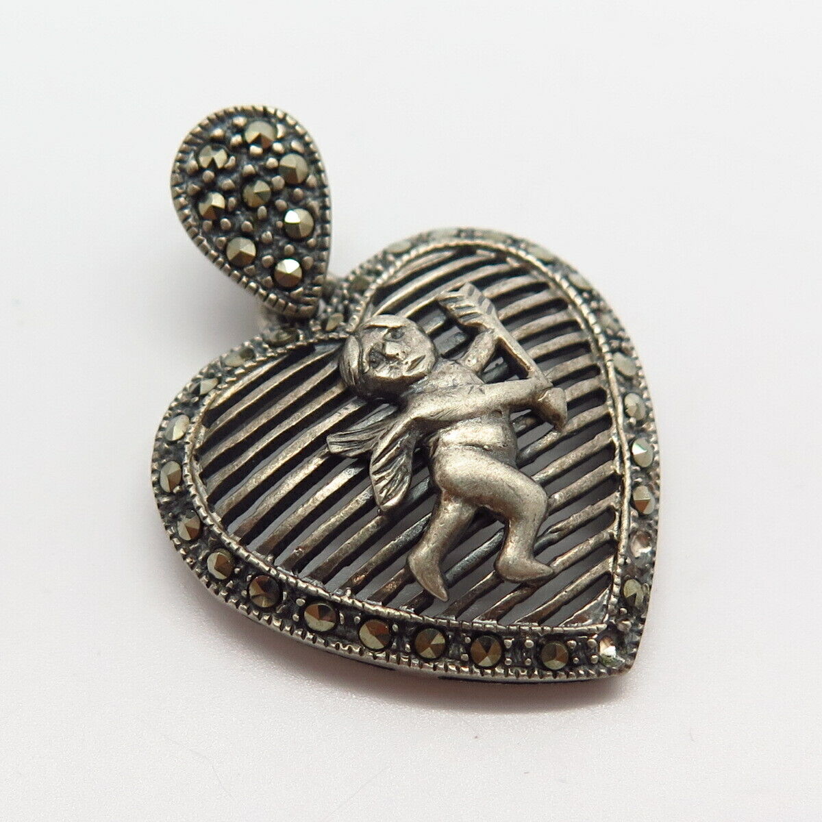 925 Sterling Silver Real Marcasite Gem Cupid Angel Design Heart Pendant