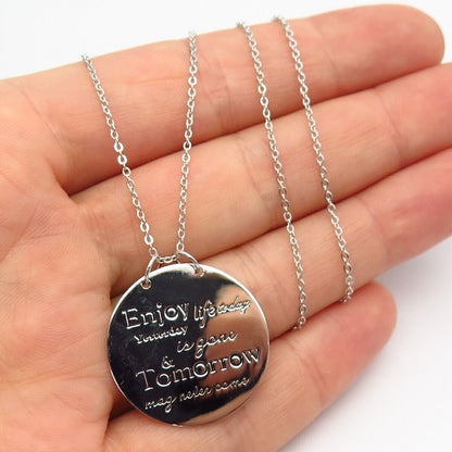 925 Sterling Silver "Enjoy Life Today" Inspirational Theme Chain Necklace 18"