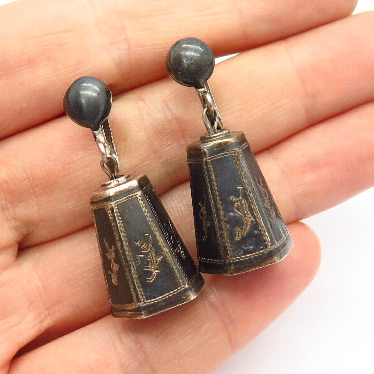 925 Sterling Silver Vintage Siam Niello Hindu Goddess Bell Screw Back Earrings