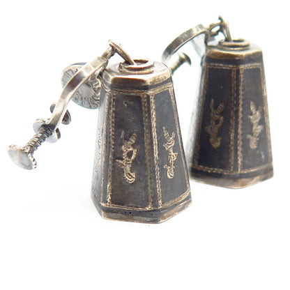 925 Sterling Silver Vintage Siam Niello Hindu Goddess Bell Screw Back Earrings