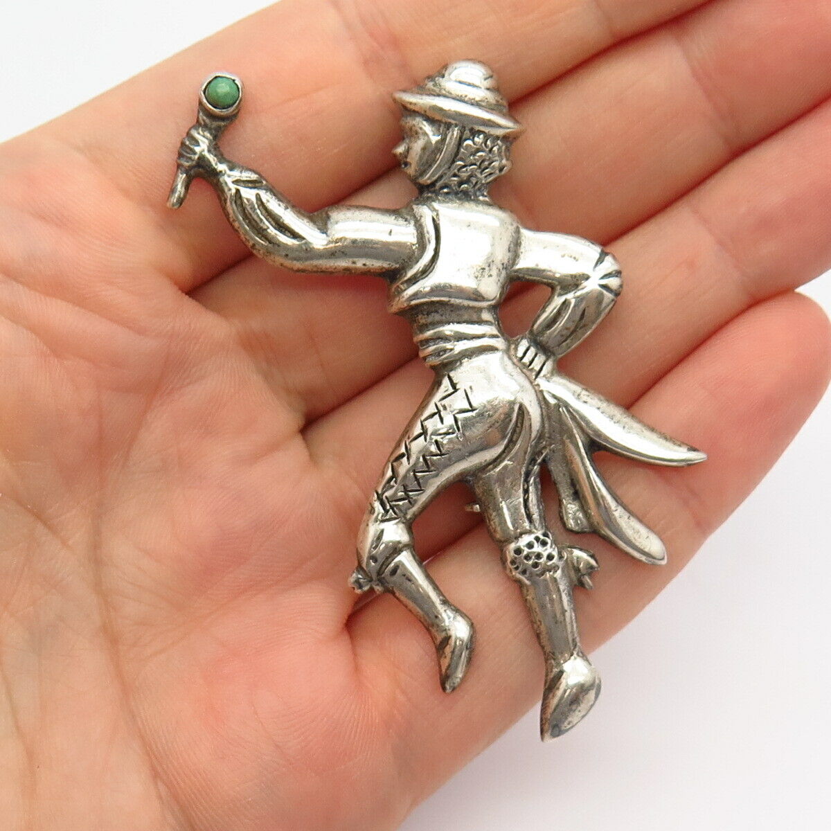 925 Sterling Silver Vintage Mexico Real Turquoise Gem Troubadour Pin Brooch