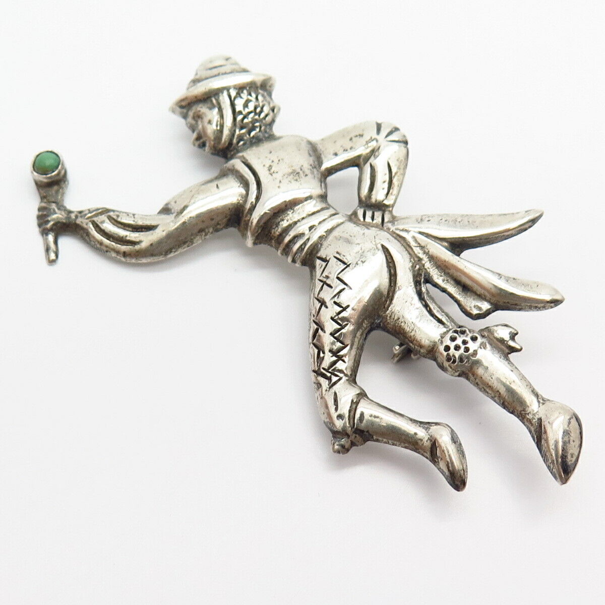 925 Sterling Silver Vintage Mexico Real Turquoise Gem Troubadour Pin Brooch