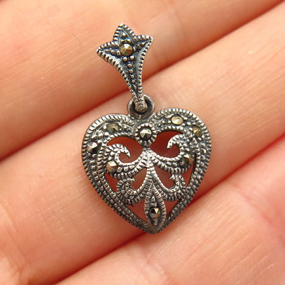 925 Sterling Silver Real Marcasite Gemstone Ornate Heart Design Pendant