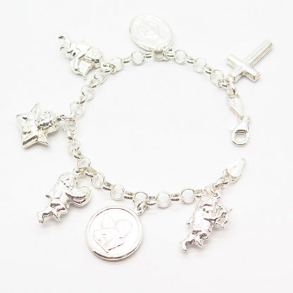 925 Sterling Silver Italy Religious Theme Assorted Charms Link Bracelet 6 3/4"