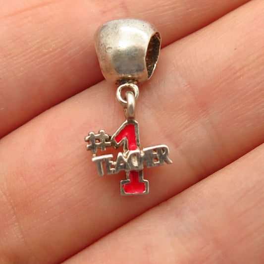 925 Sterling Silver Enamel " Teacher Number One" Dangling Bead Charm