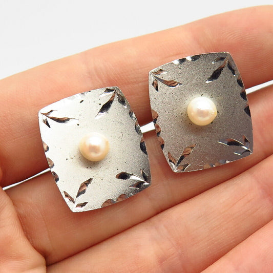 925 Sterling Silver Vintage Real Pearl Concave Design Cufflinks