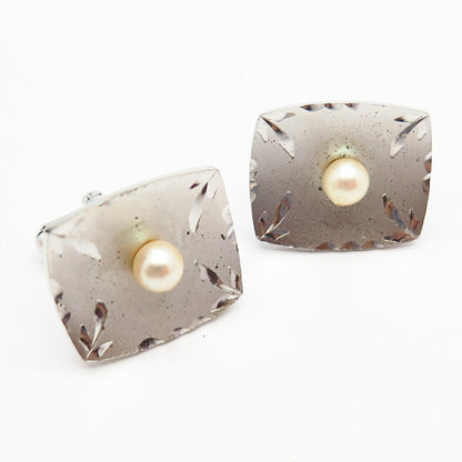 925 Sterling Silver Vintage Real Pearl Concave Design Cufflinks