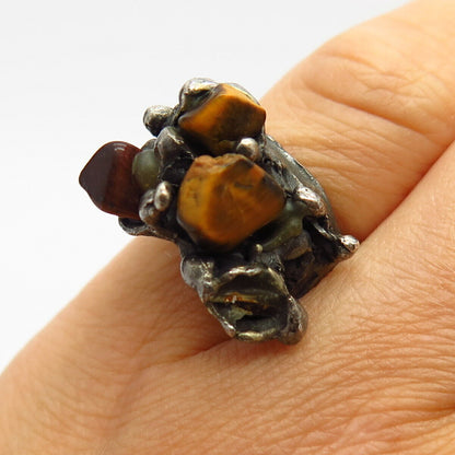 925 Sterling Silver Real Tiger Eye Gem Brutalist Design Statement Ring Size 5