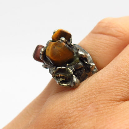 925 Sterling Silver Real Tiger Eye Gem Brutalist Design Statement Ring Size 5