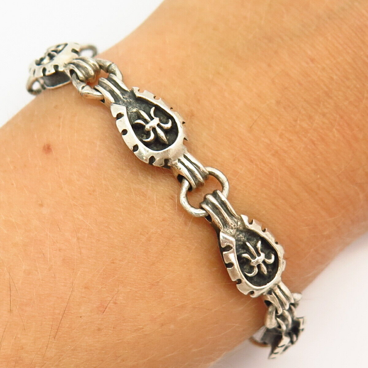 925 Sterling Silver Fleur-de-Lis & Horseshoe For Good Luck Link Bracelet 7 3/4"