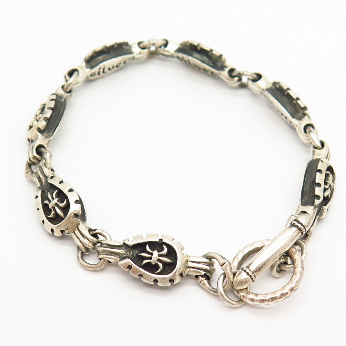 925 Sterling Silver Fleur-de-Lis & Horseshoe For Good Luck Link Bracelet 7 3/4"