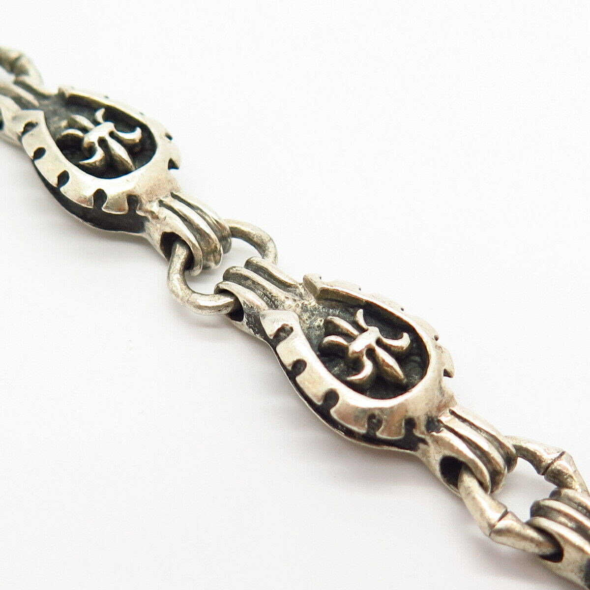 925 Sterling Silver Fleur-de-Lis & Horseshoe For Good Luck Link Bracelet 7 3/4"