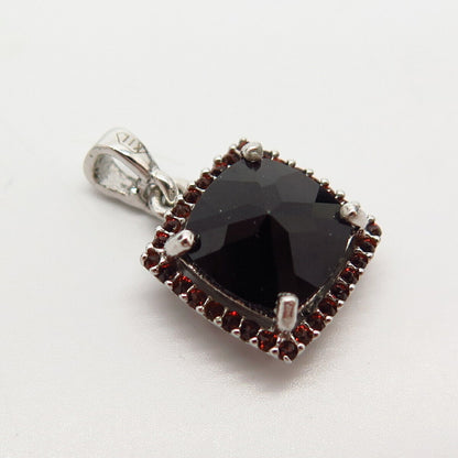 925 Sterling Silver Black & Garnet-Tone C Z Square Small Pendant