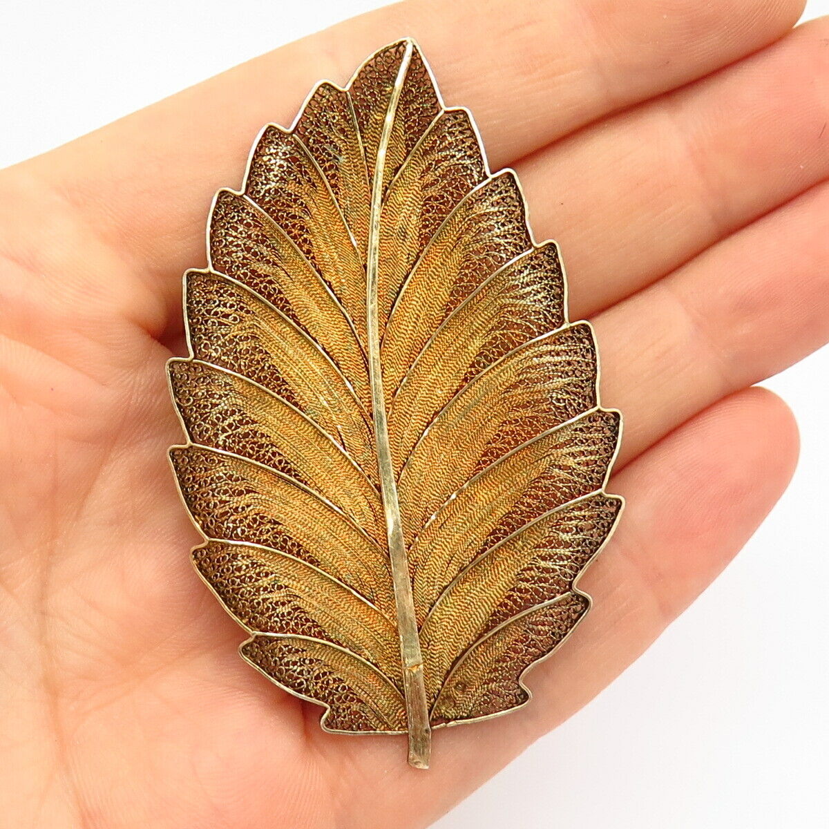 925 Sterling Gold Plated Vintage Portugal Leaf Design Pin Brooch