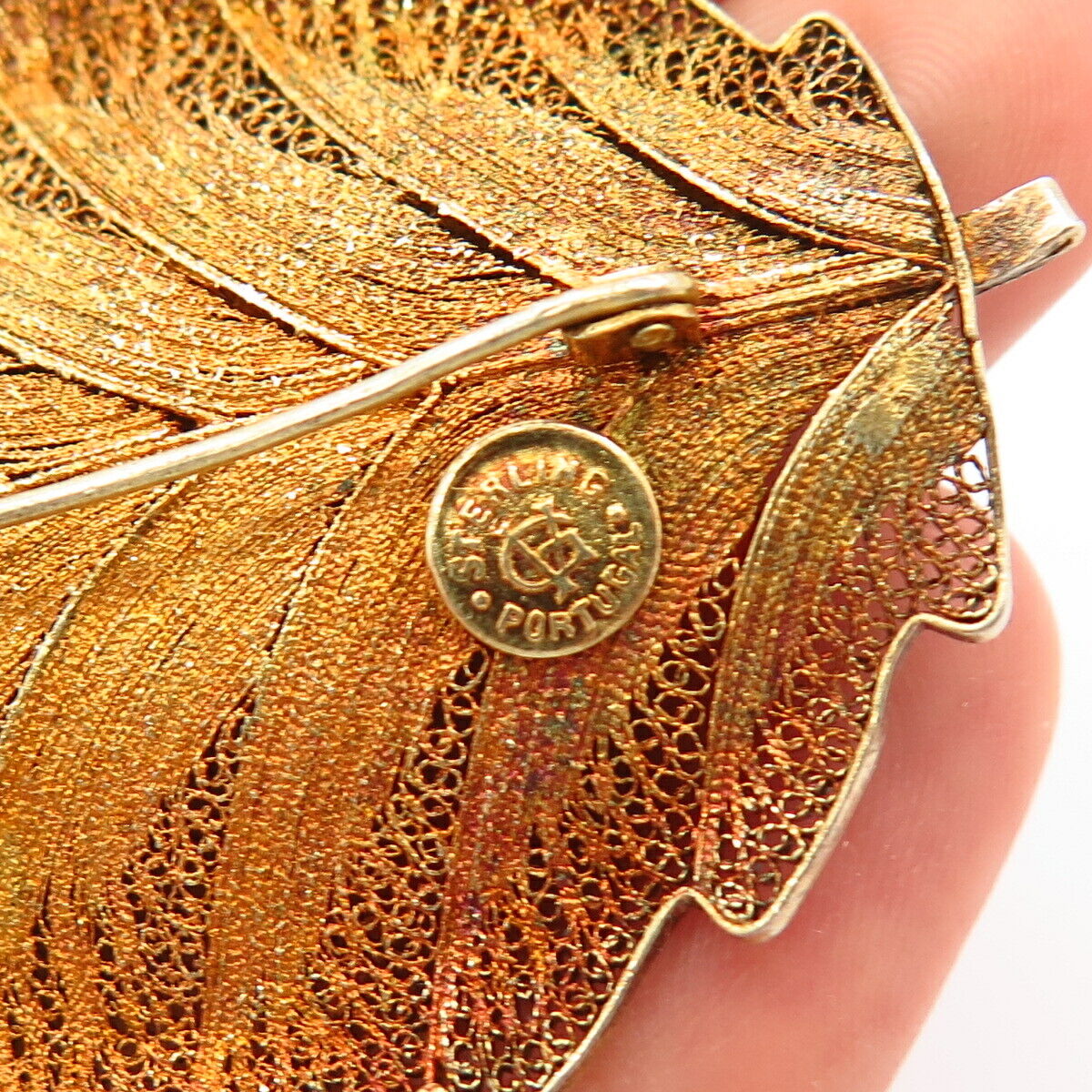 925 Sterling Gold Plated Vintage Portugal Leaf Design Pin Brooch