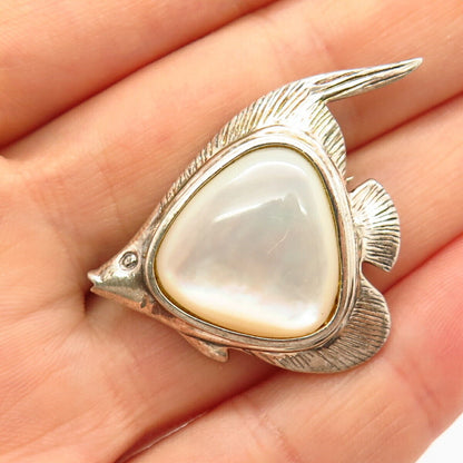 925 Sterling Silver Real Mother-Of-Pearl Tropical Fish Design Pin Brooch