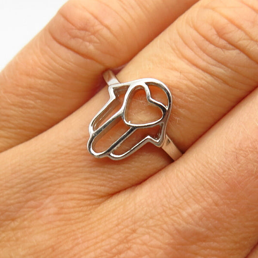 925 Sterling Silver Hamsa / Hand of Fatima Open Heart Ring