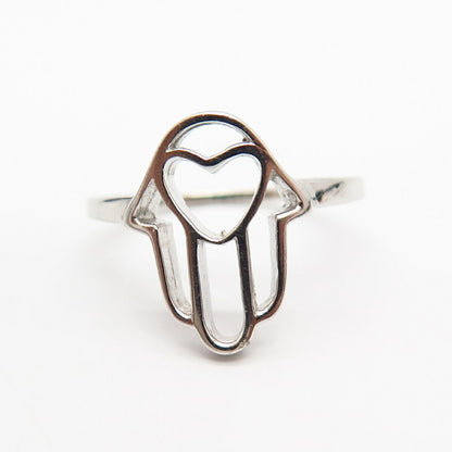 925 Sterling Silver Hamsa / Hand of Fatima Open Heart Ring