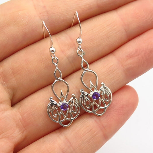 925 Sterling Silver Real Amethyst Gemstone Swirl Design Dangling Earrings