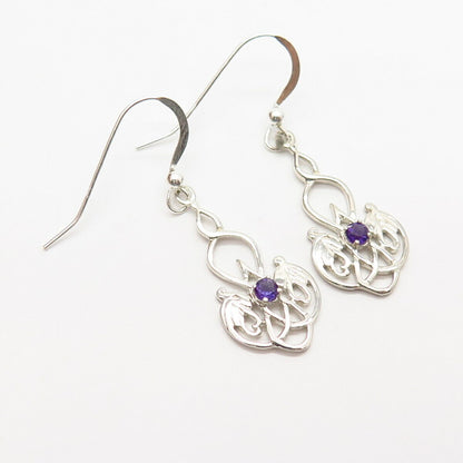 925 Sterling Silver Real Amethyst Gemstone Swirl Design Dangling Earrings