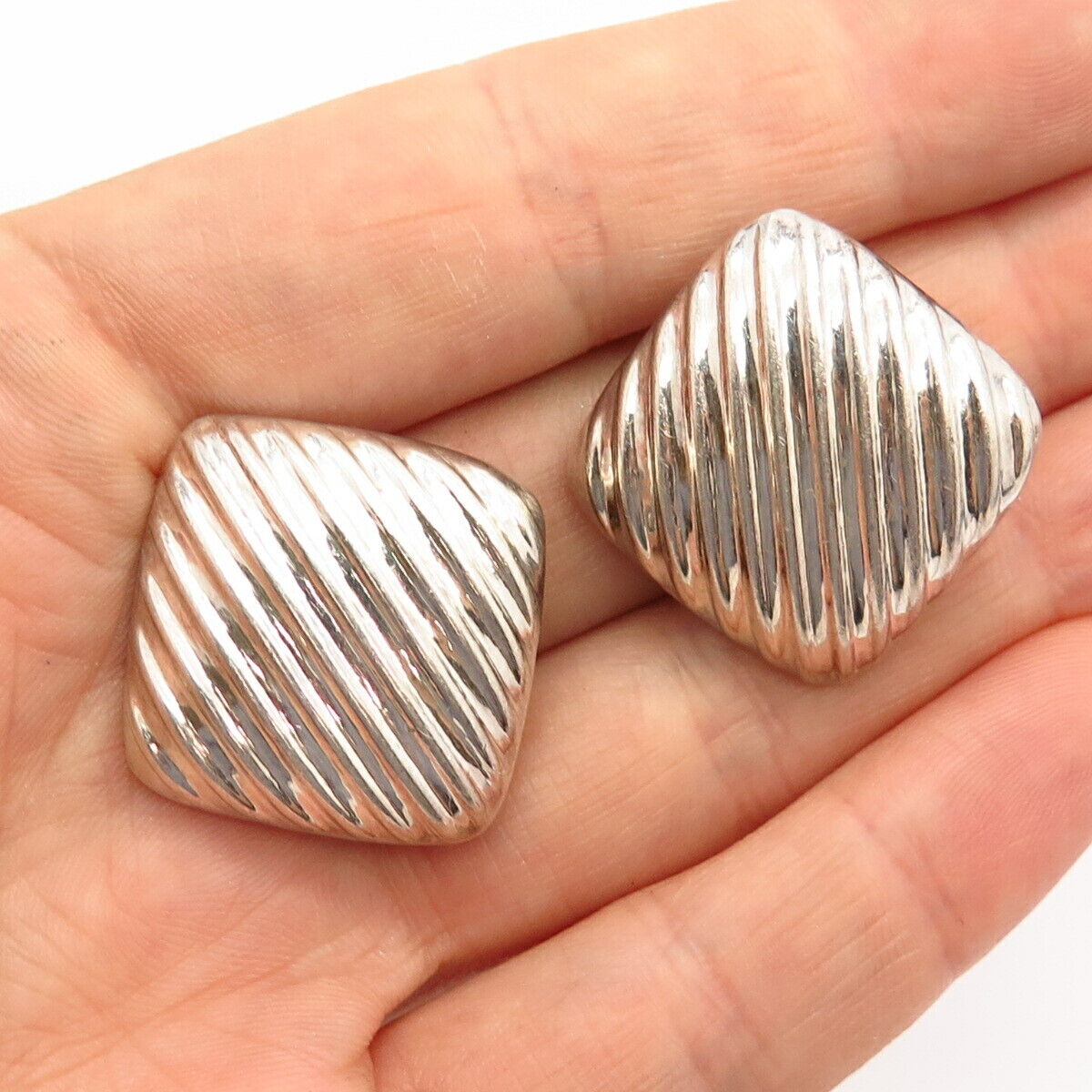 925 Sterling Silver Vintage Mexico Ribbed Square Design Clip On Earrings