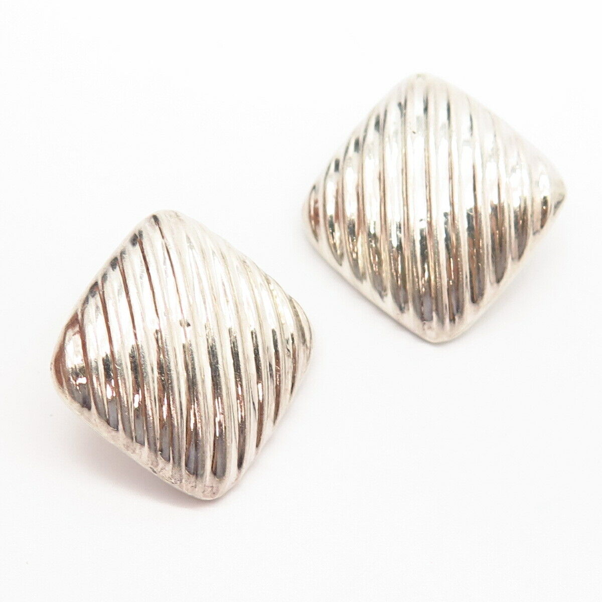 925 Sterling Silver Vintage Mexico Ribbed Square Design Clip On Earrings