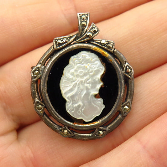 925 Sterling Black Onyx Marcasite Gem & MOP Cameo Victorian Lady Brooch Pendant