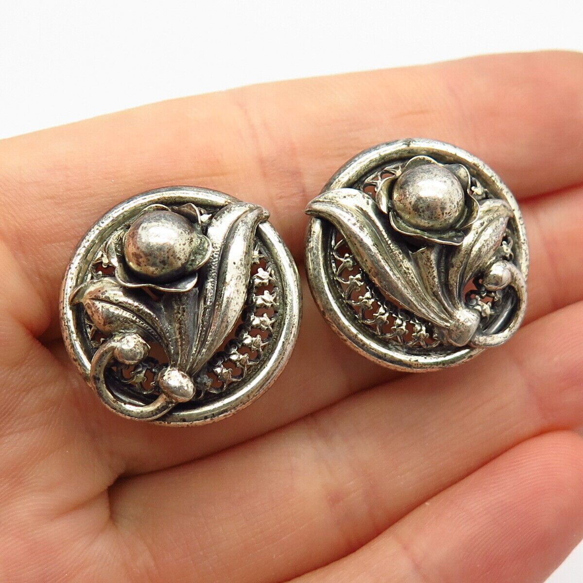 925 Sterling Silver Antique Danecraft Floral Design Screw Back Earrings