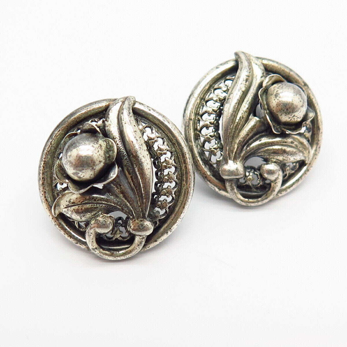 925 Sterling Silver Antique Danecraft Floral Design Screw Back Earrings