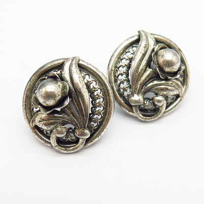 925 Sterling Silver Antique Danecraft Floral Design Screw Back Earrings