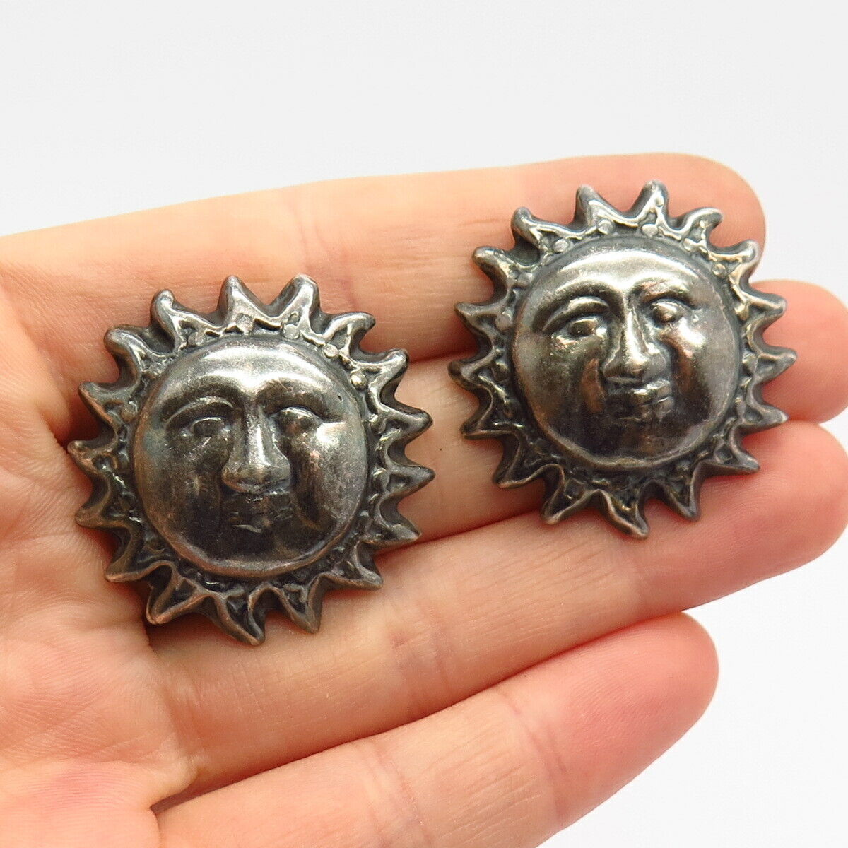 925 Sterling Silver Vintage Mexico Sun Face Design Earrings