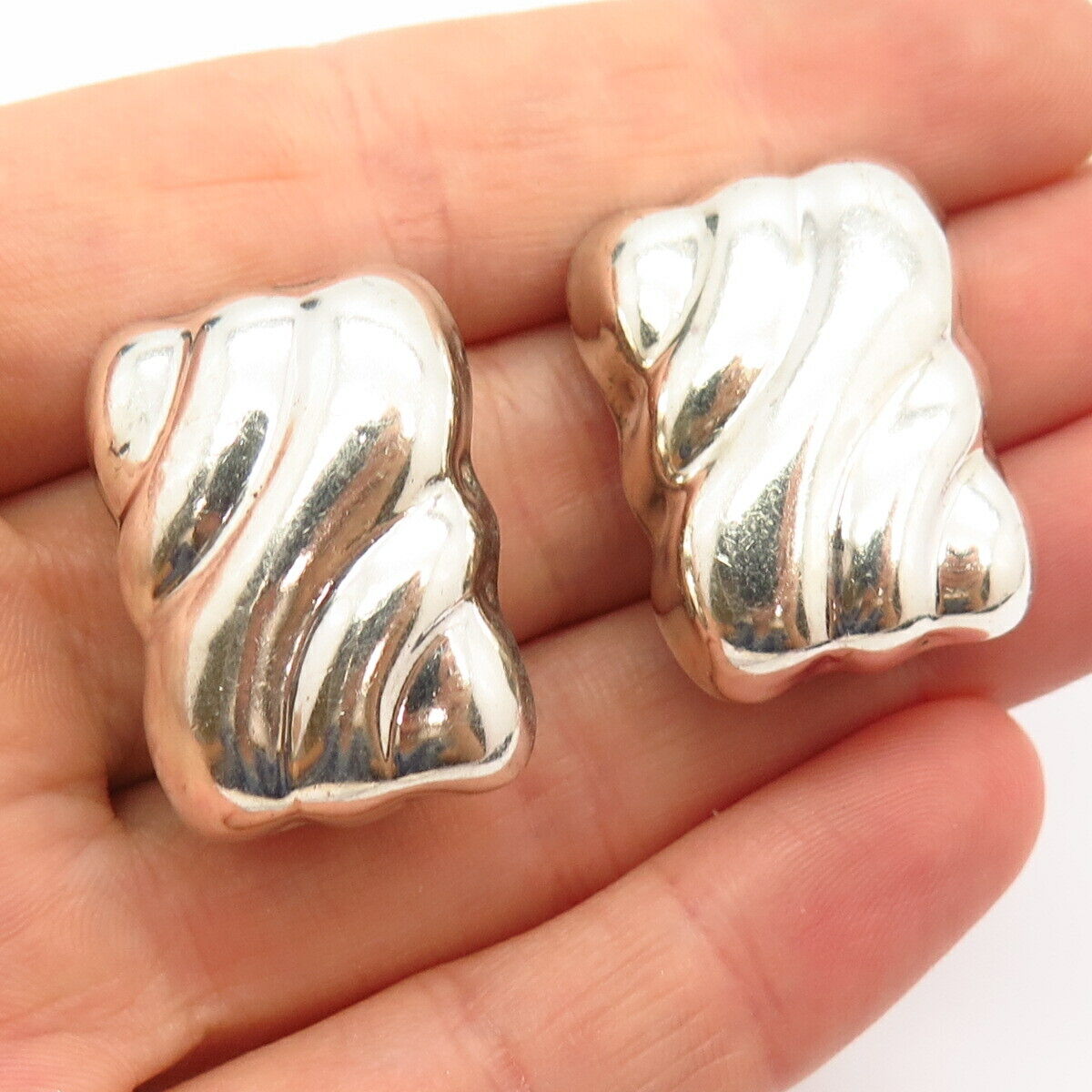 925 Sterling Silver Vintage Mexico Curved Design Hollow Clip On Earrings