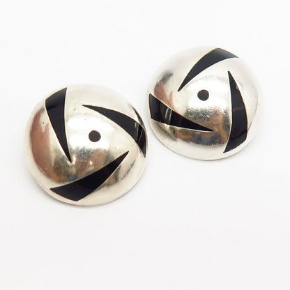 925 Sterling Silver Vintage Mexico Real Black Onyx Gem Hollow Clip On Earrings