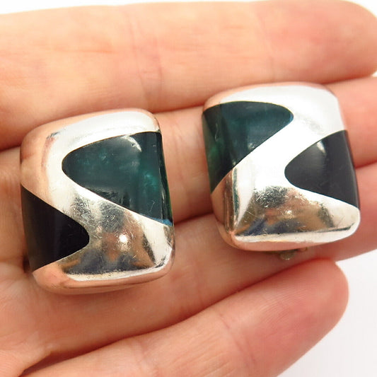 925 Sterling Silver Vintage Mexico Black Onyx & Aventurine Gem Clip On Earrings