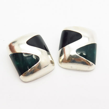 925 Sterling Silver Vintage Mexico Black Onyx & Aventurine Gem Clip On Earrings