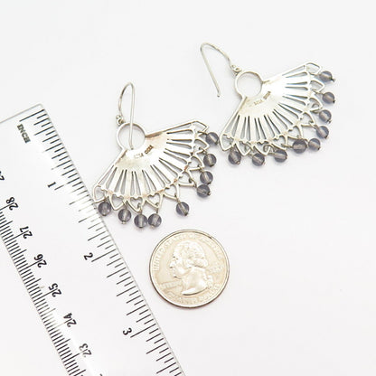 925 Sterling Silver Real Clear Quartz Floral Design Dangling Earrings