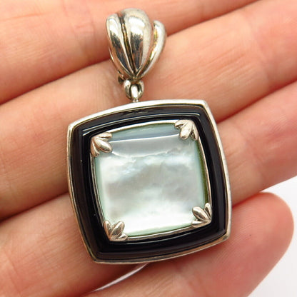 925 Sterling Silver Real Black Onyx Gem & Mother-Of-Pearl Square Pendant