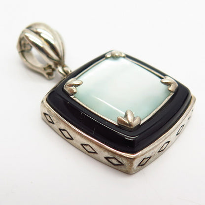 925 Sterling Silver Real Black Onyx Gem & Mother-Of-Pearl Square Pendant