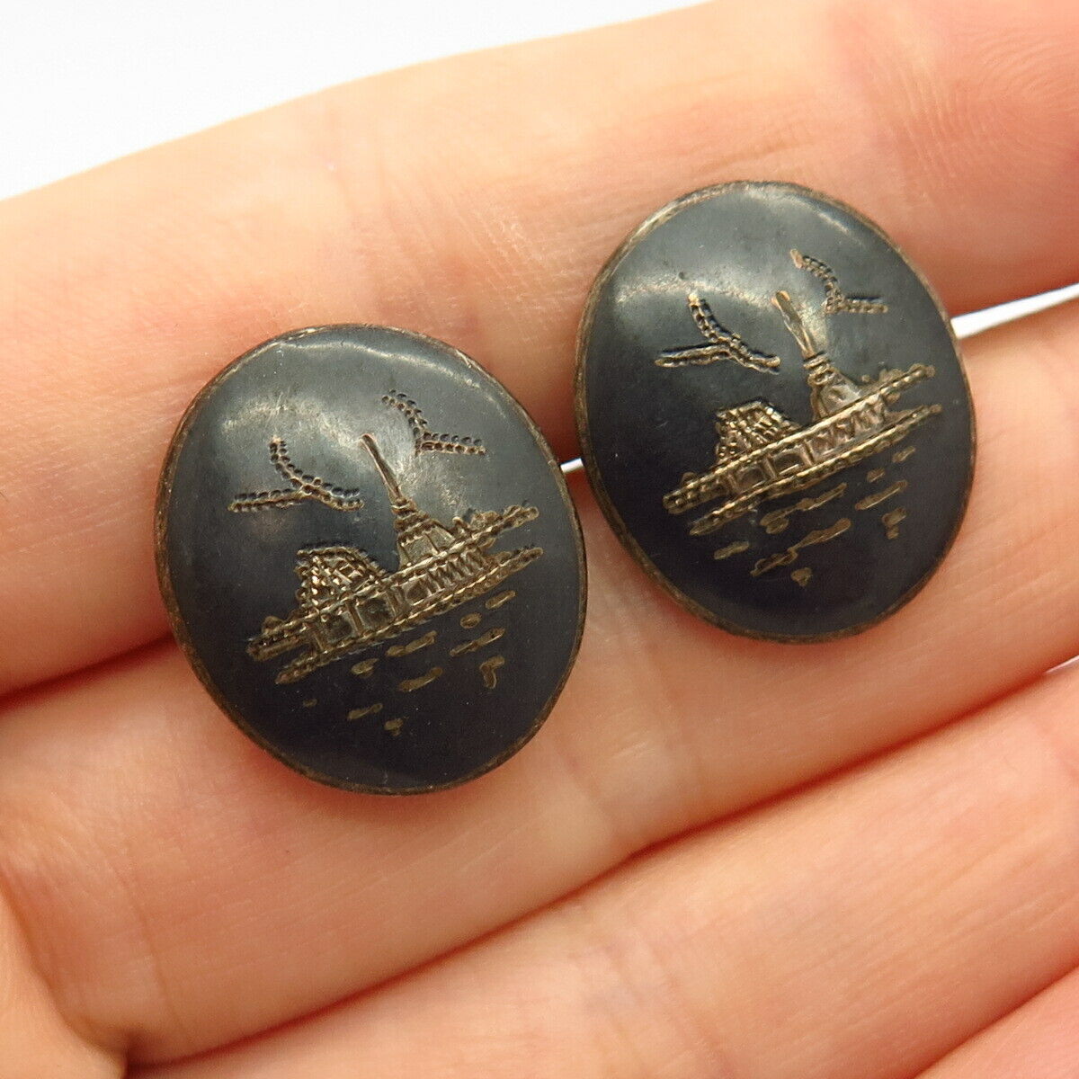 925 Sterling Silver Vintage Siam Niello City Skyline Design Cufflinks