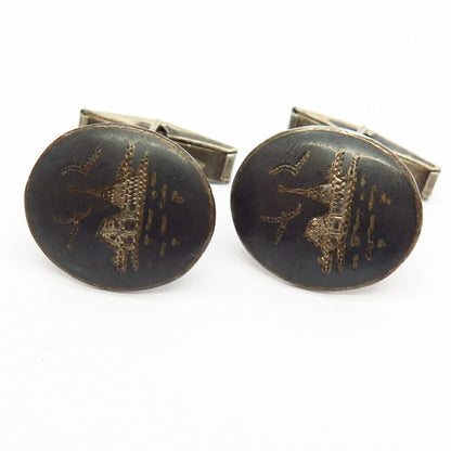 925 Sterling Silver Vintage Siam Niello City Skyline Design Cufflinks