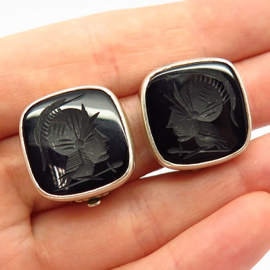 925 Sterling Vintage Black Onyx Gem Alexander Ancient Greek Clip On Earrings