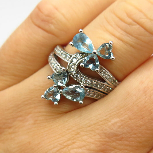 925 Sterling Silver Real Blue Topaz Gem & C Z Floral Design Ring Size 7