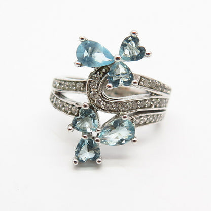 925 Sterling Silver Real Blue Topaz Gem & C Z Floral Design Ring Size 7