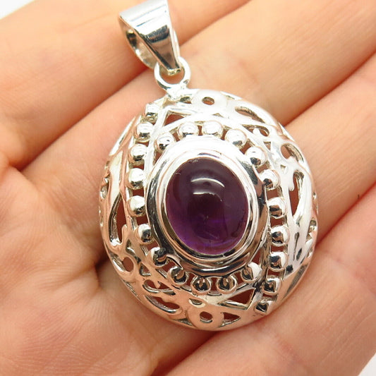 925 Sterling Silver Real Amethyst Gem Cutout Swirl Design Pendant