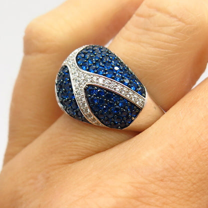 925 Sterling Silver White & Blue C Z Domed Ring Size 7