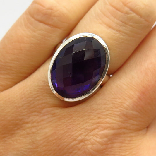 925 Sterling Silver Real Amethyst Gemstone Wide Ring Size 6 3/4