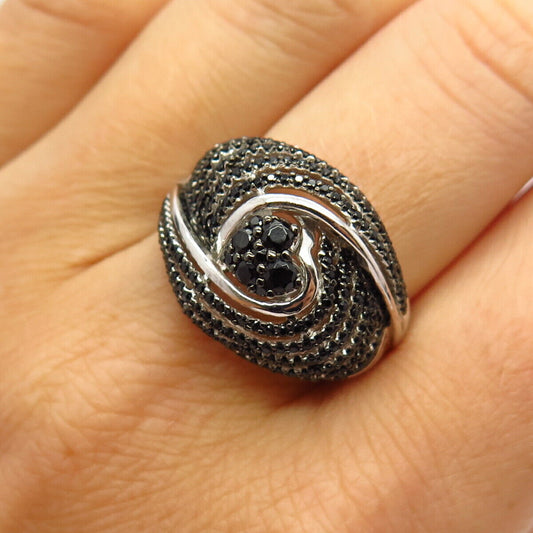 925 Sterling Silver Black C Z Crossover Heart Design Domed Ring Size 8