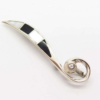 925 Sterling Silver Black Onyx Gem Mother-Of-Pearl & C Z Pin Brooch / Pendant