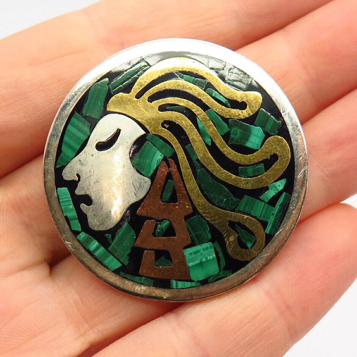 925 Sterling 3-Tone Vintage Mexico Malachite Gem Tribal Warrior Brooch Pendant