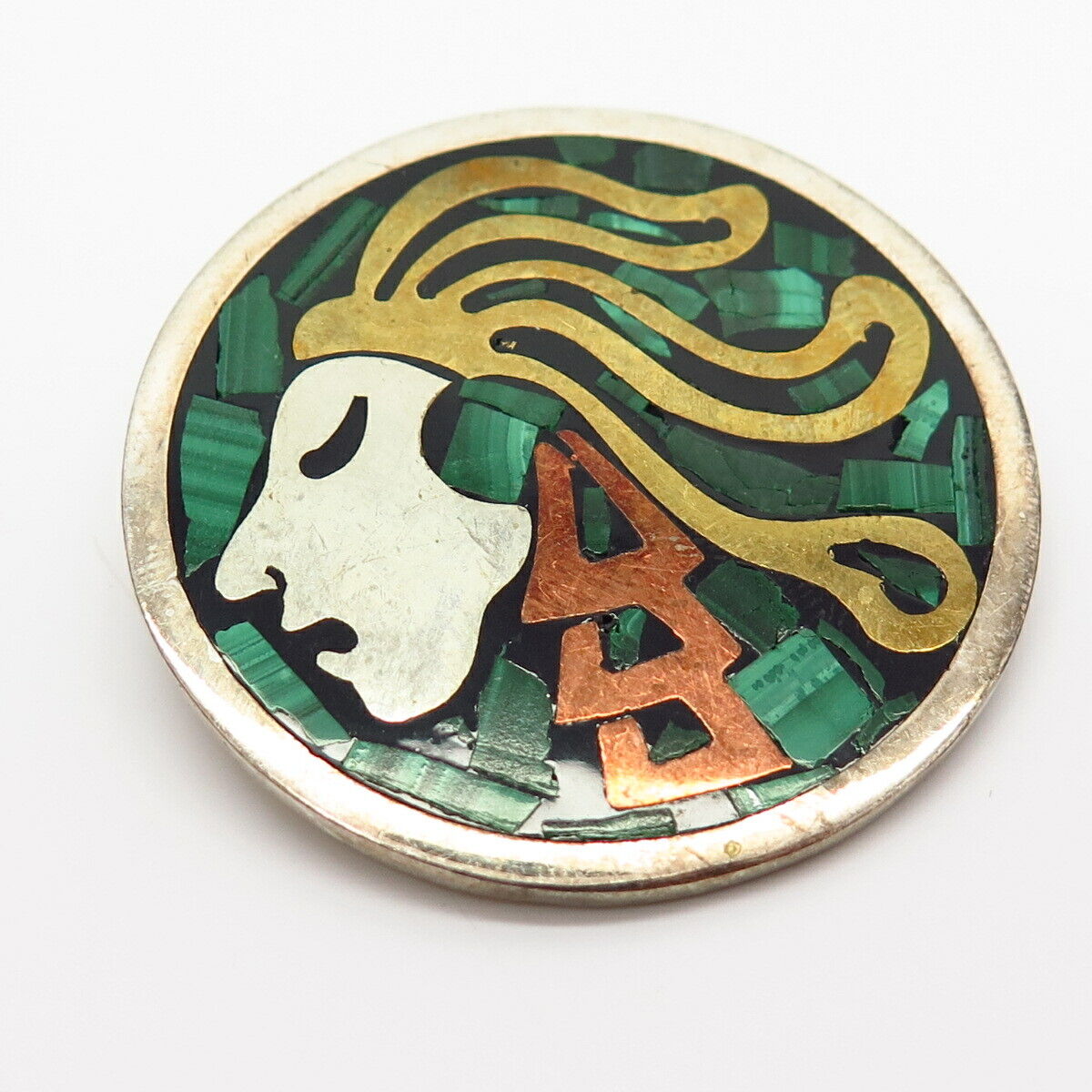 925 Sterling 3-Tone Vintage Mexico Malachite Gem Tribal Warrior Brooch Pendant